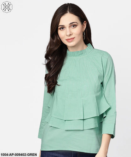 Pine Green Top Detailed With Pleats & Ruffled Neck