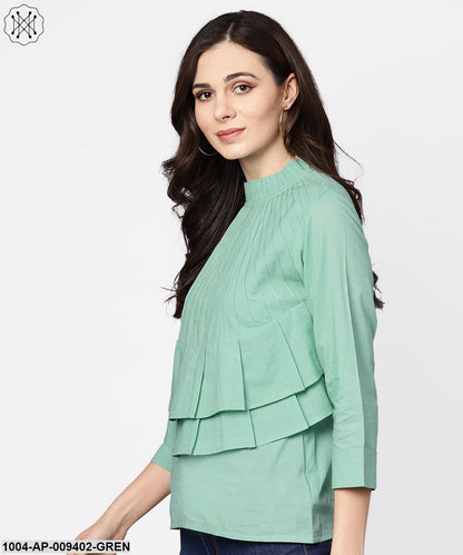 Pine Green Top Detailed With Pleats & Ruffled Neck