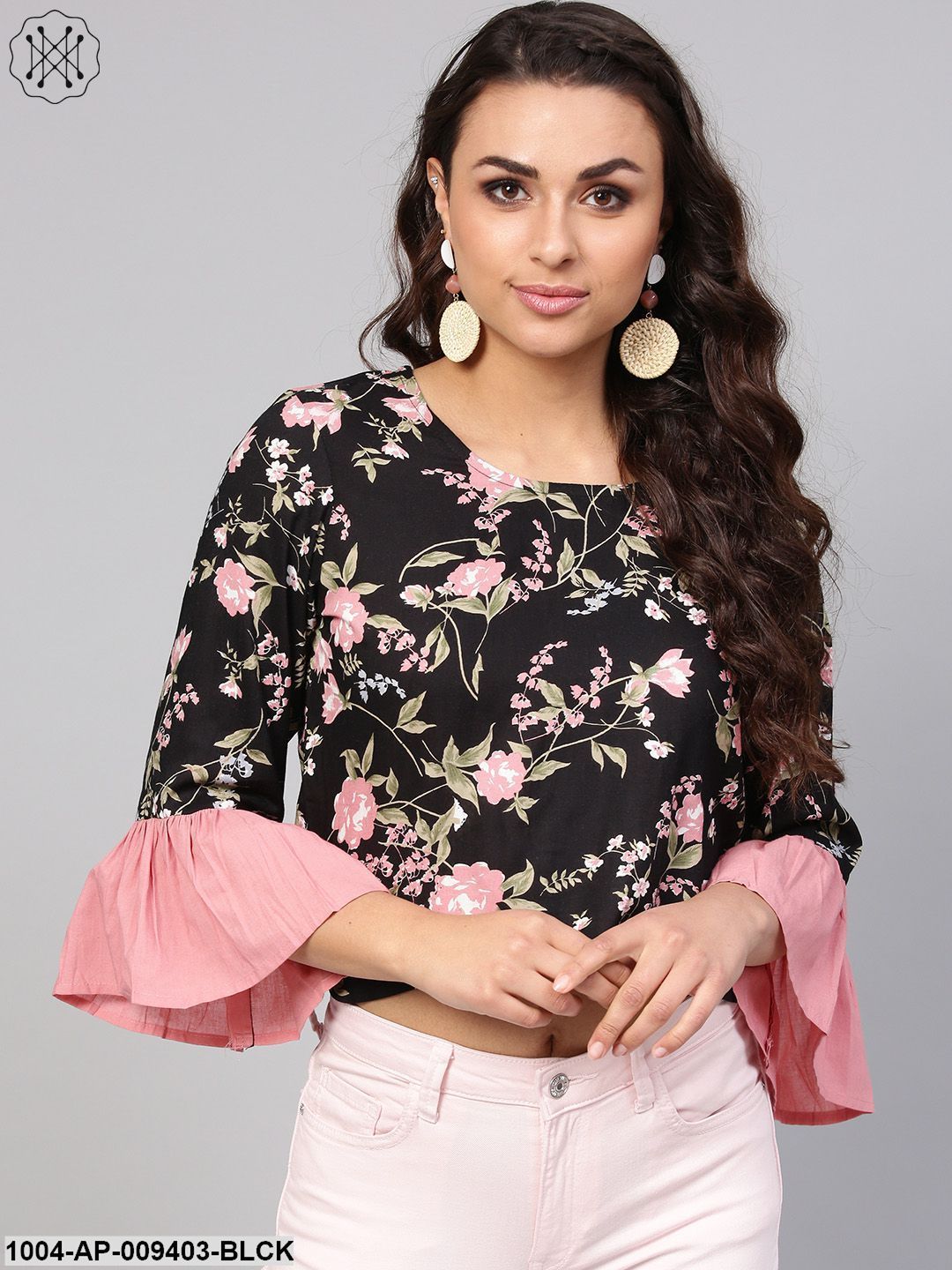Solid Black Based Multi Floral Prints With A Round Neck And Flared Sleeves