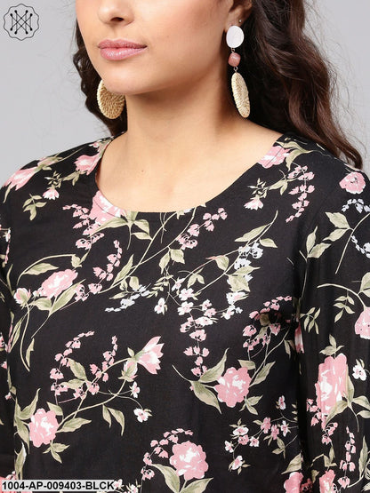 Solid Black Based Multi Floral Prints With A Round Neck And Flared Sleeves