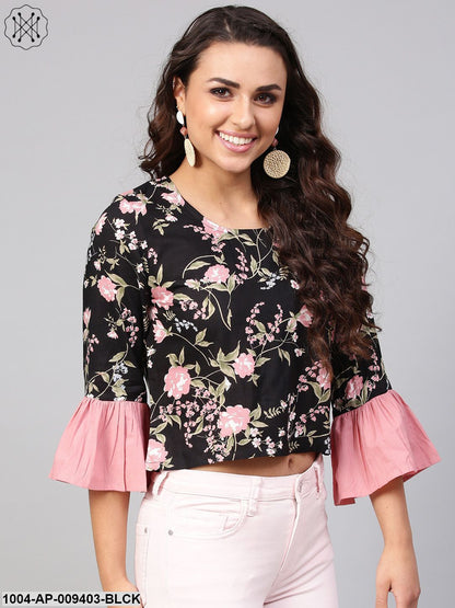 Solid Black Based Multi Floral Prints With A Round Neck And Flared Sleeves