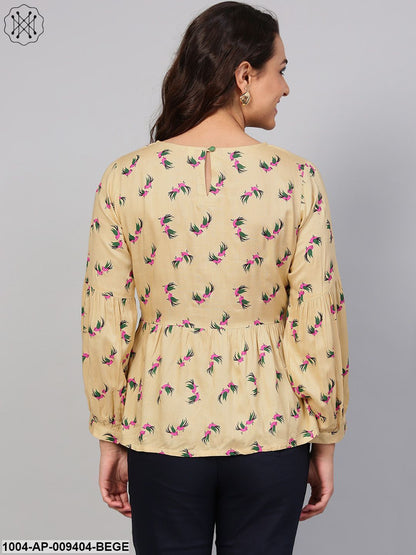Beige Multi Colored Printed Knot Style Top With Round Neck