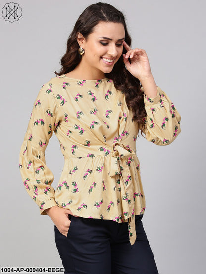 Beige Multi Colored Printed Knot Style Top With Round Neck