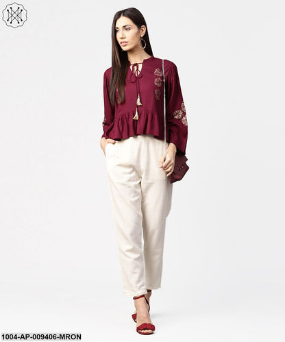 Maroon Full Sleeve Block Printed Crop Tops With Dori Work At Neck