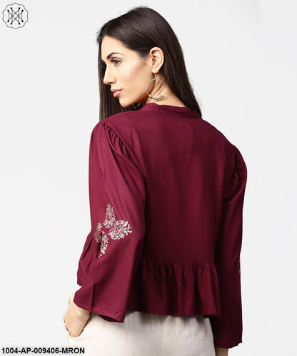 Maroon Full Sleeve Block Printed Crop Tops With Dori Work At Neck