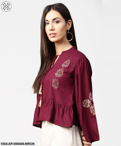 Maroon Full Sleeve Block Printed Crop Tops With Dori Work At Neck