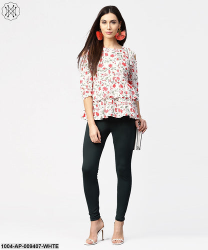 White & Red Printed 3/4Th Cold Shoulder Sleeve Layered Tops