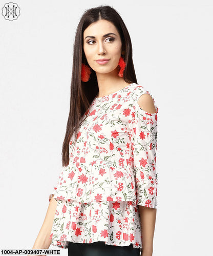 White & Red Printed 3/4Th Cold Shoulder Sleeve Layered Tops