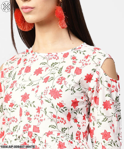 White & Red Printed 3/4Th Cold Shoulder Sleeve Layered Tops