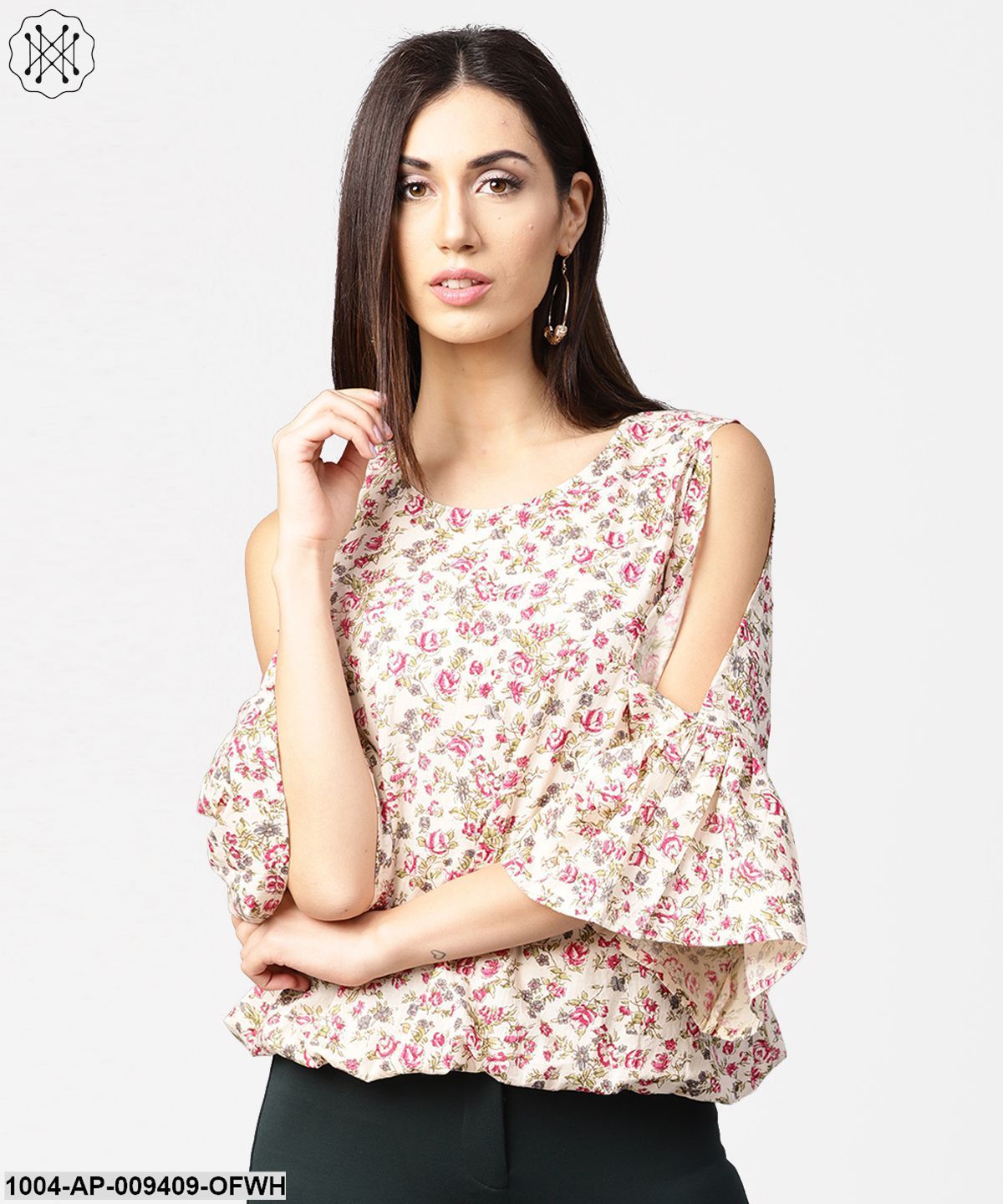 Off White Full Sleeve Cold Shoulder Cotton Tops