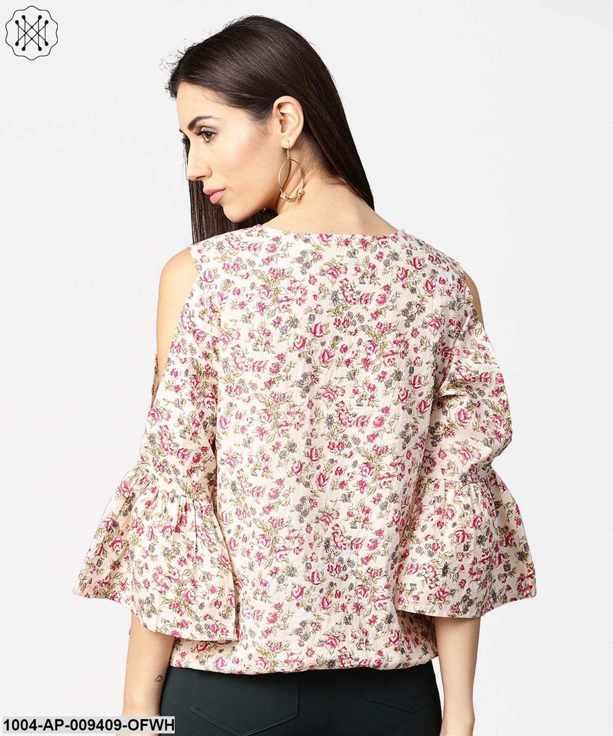 Off White Full Sleeve Cold Shoulder Cotton Tops
