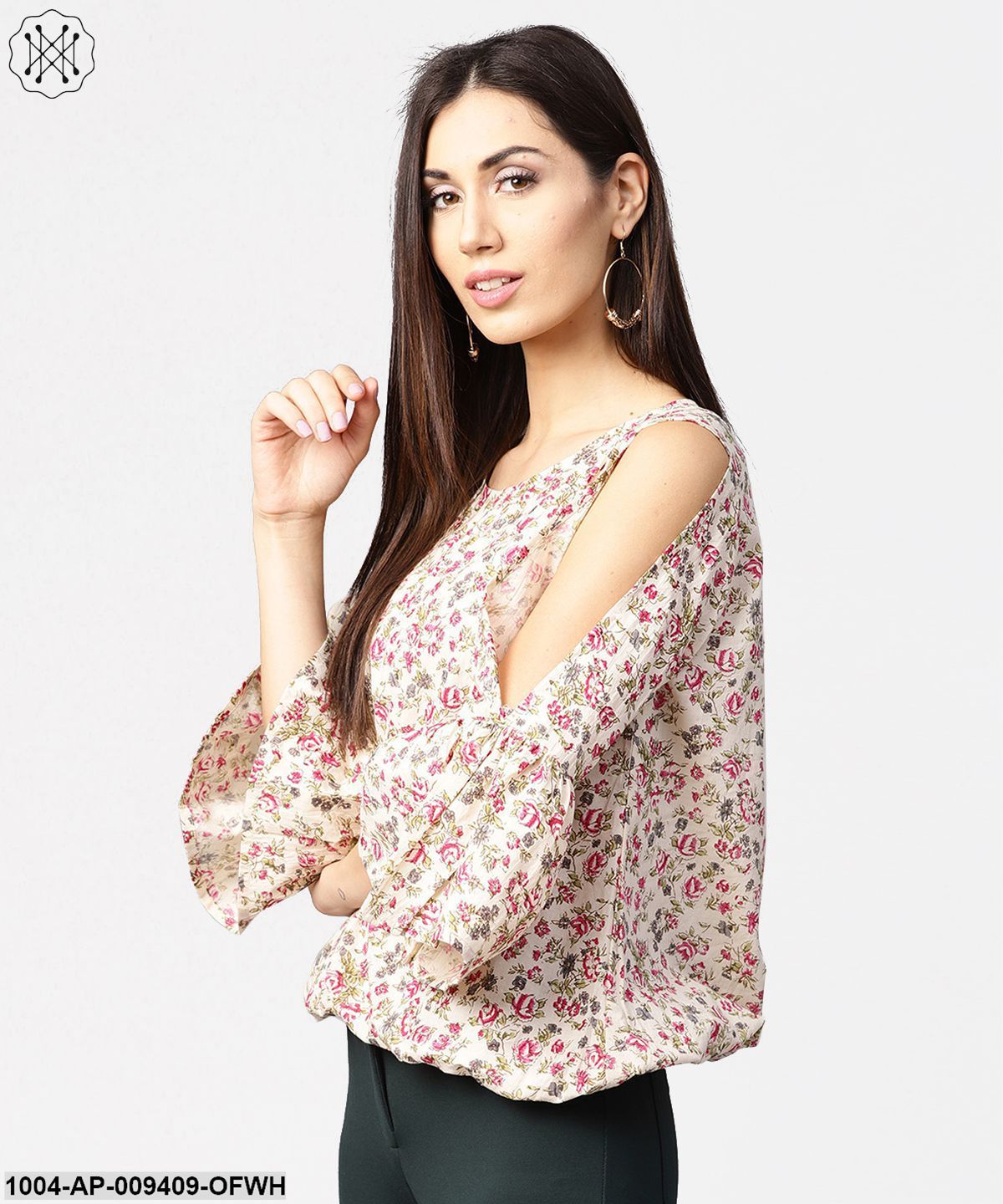 Off White Full Sleeve Cold Shoulder Cotton Tops