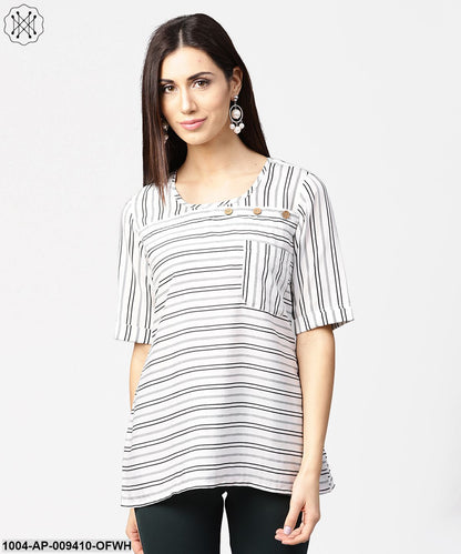 Off White Striped Half Sleeve Crepe Top