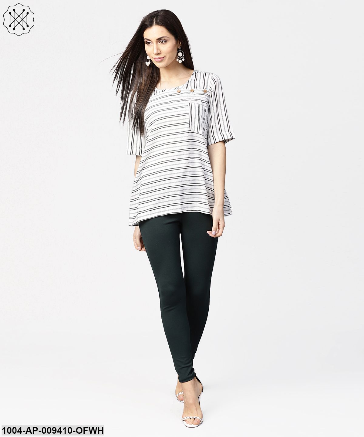 Off White Striped Half Sleeve Crepe Top