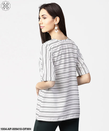 Off White Striped Half Sleeve Crepe Top