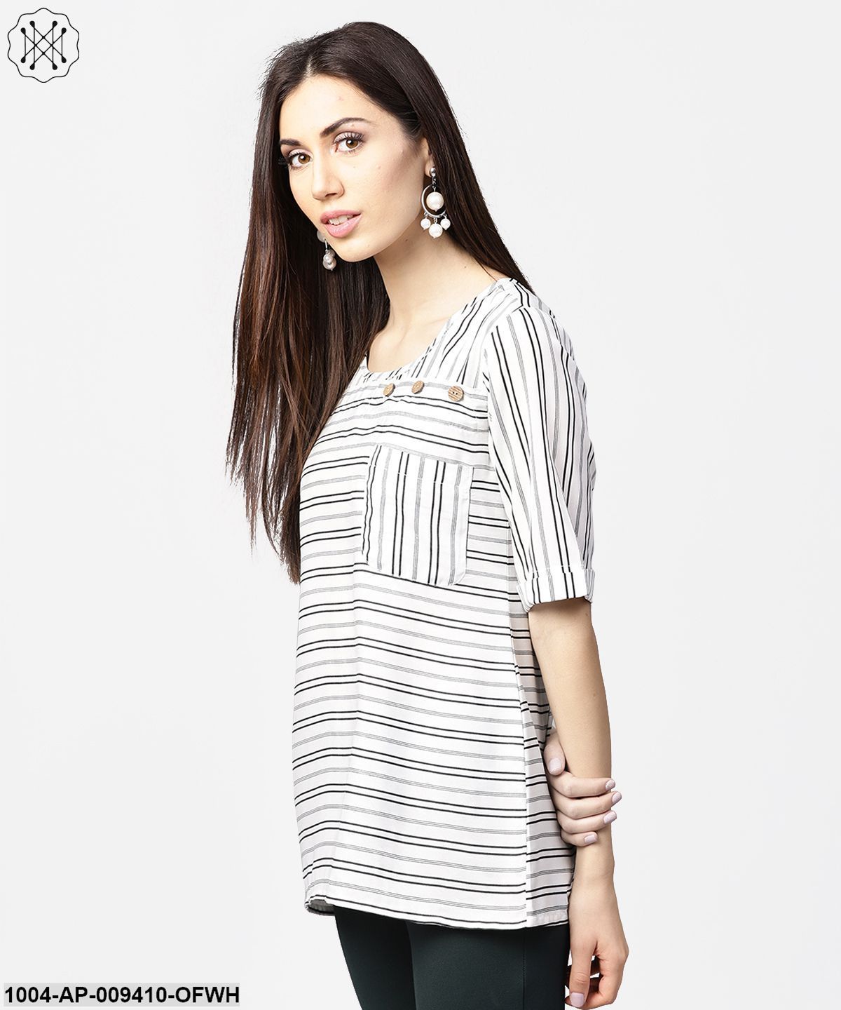 Off White Striped Half Sleeve Crepe Top