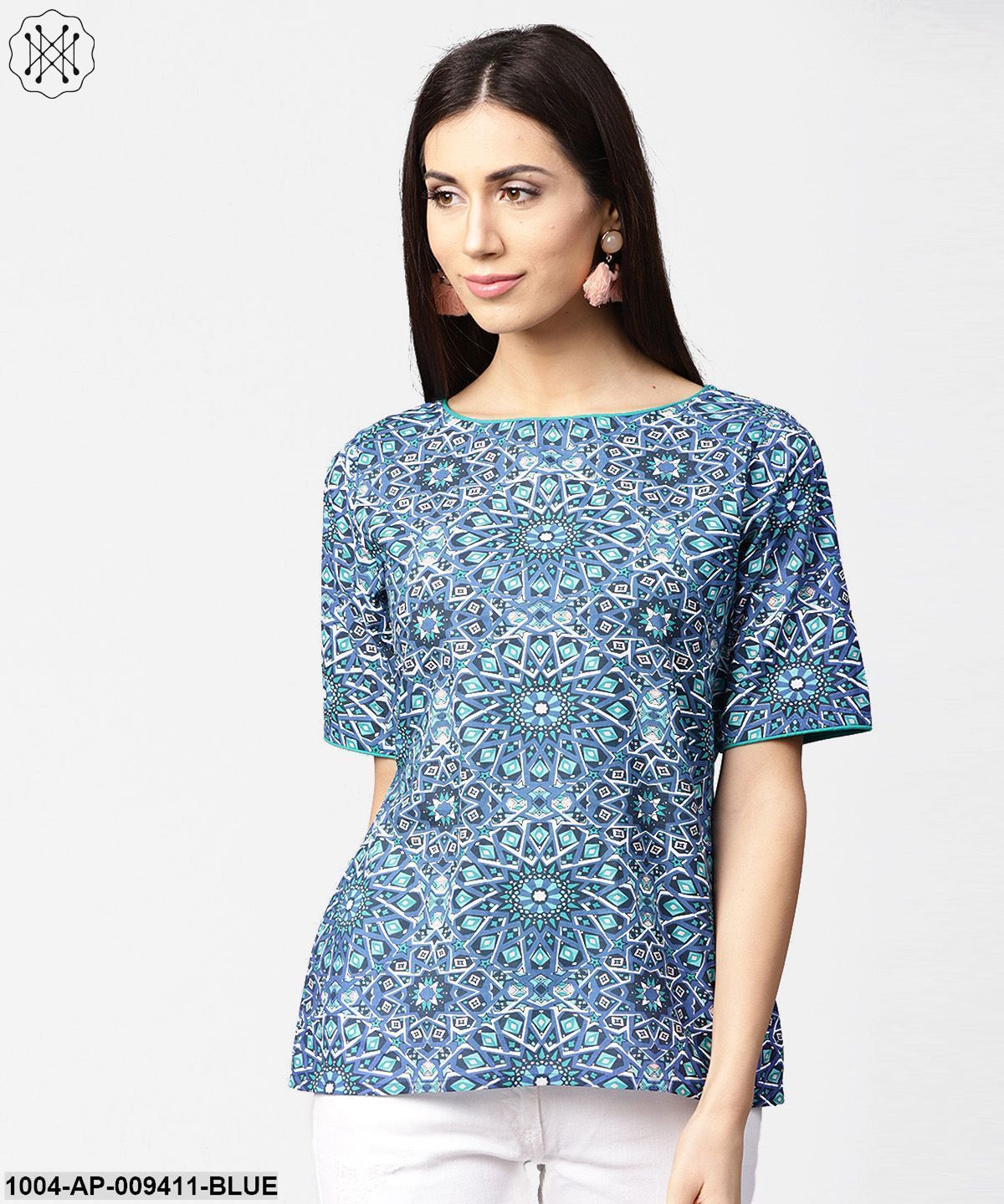 Blue Printed Half Sleeve Cotton Crop Tops