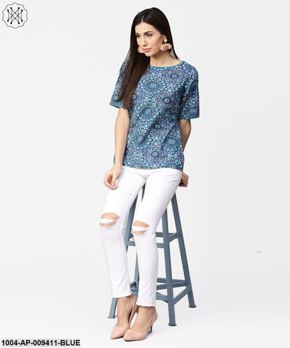 Blue Printed Half Sleeve Cotton Crop Tops