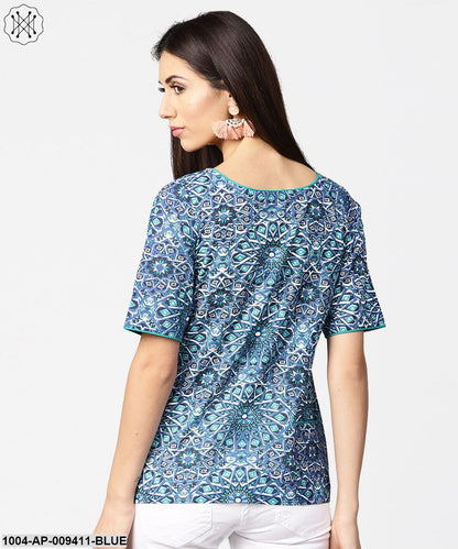 Blue Printed Half Sleeve Cotton Crop Tops