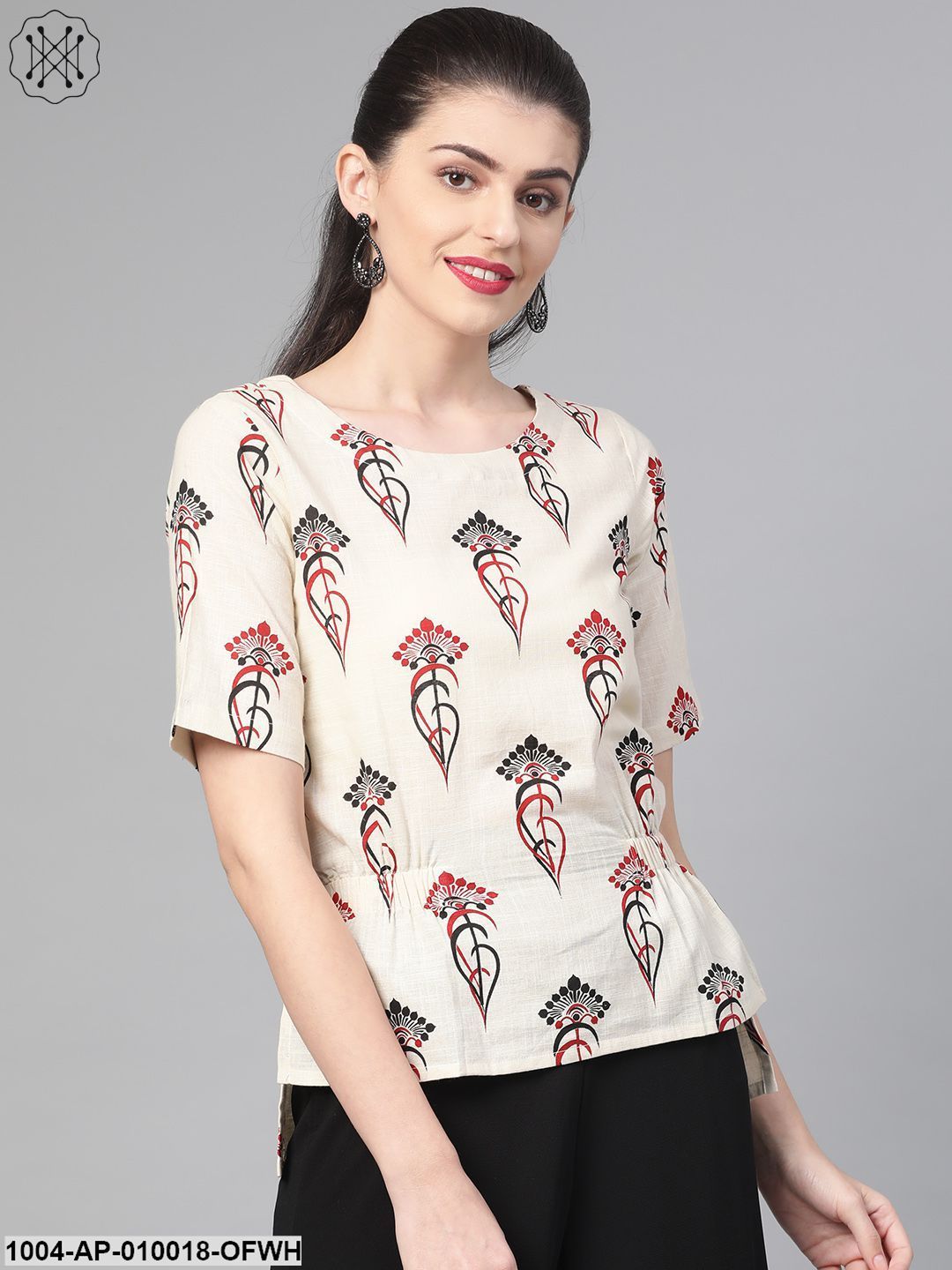 Women Off White & Red Regular Printed Top