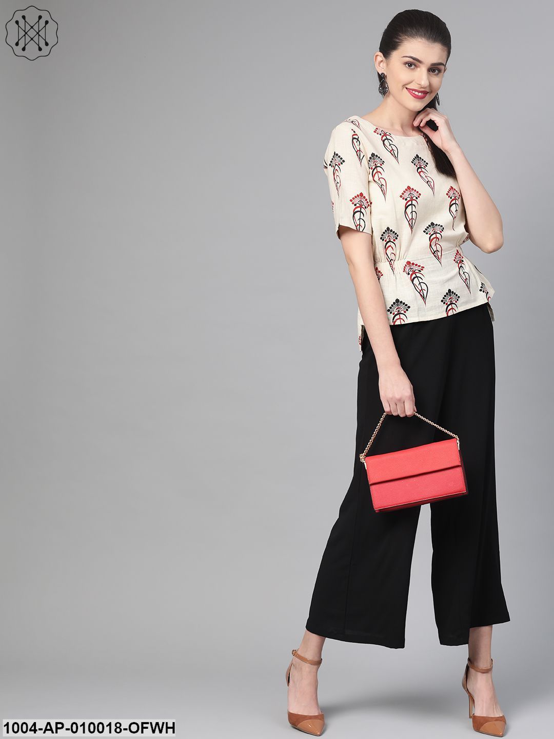 Women Off White & Red Regular Printed Top