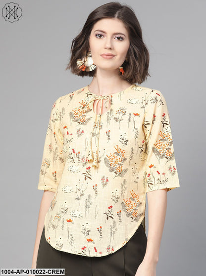 Women Cream & Green Regular Printed Top