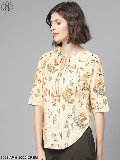 Women Cream & Green Regular Printed Top
