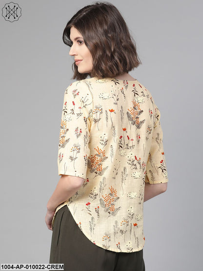 Women Cream & Green Regular Printed Top
