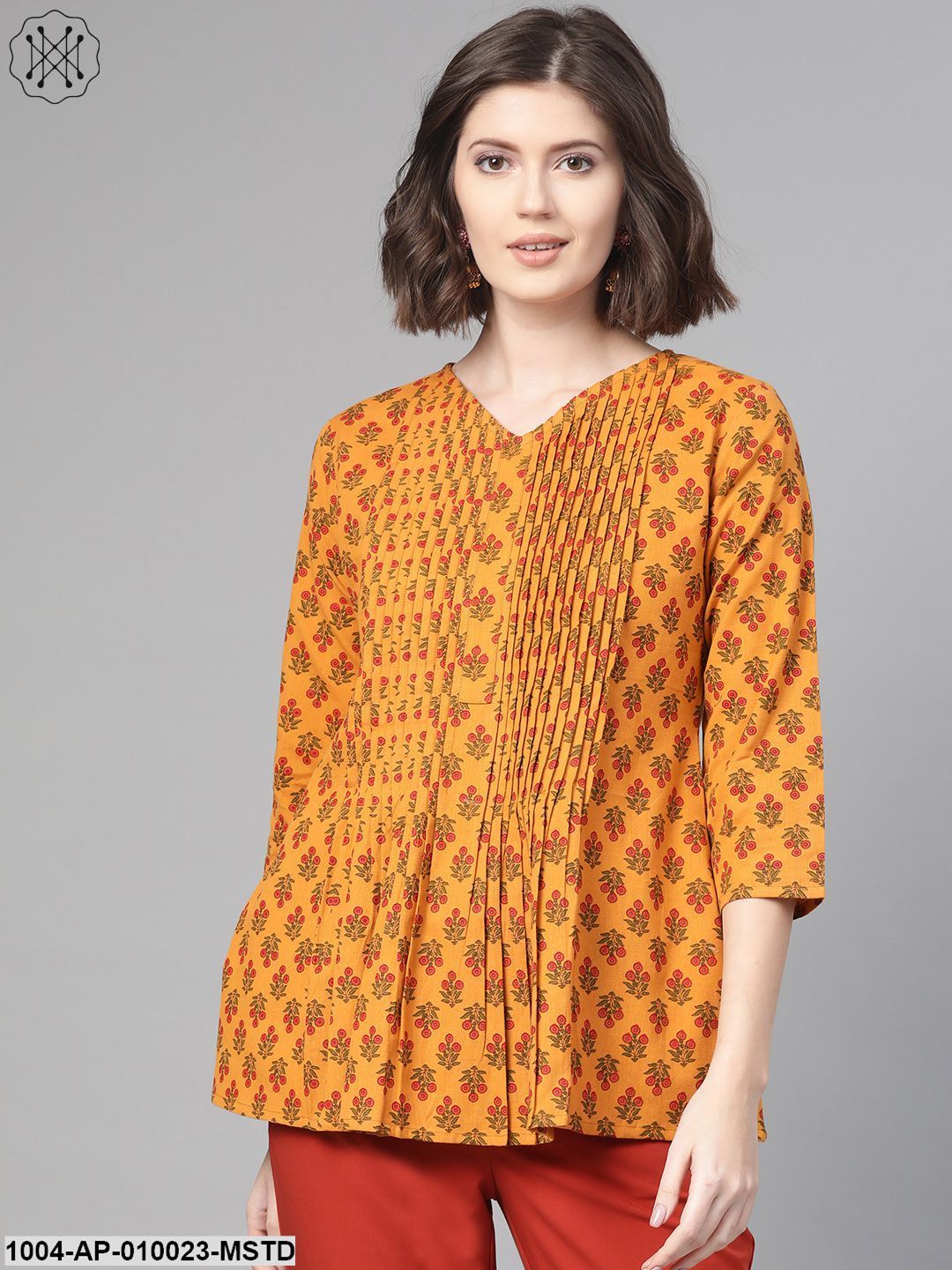 Women Mustard & Red A-Line Printed Top