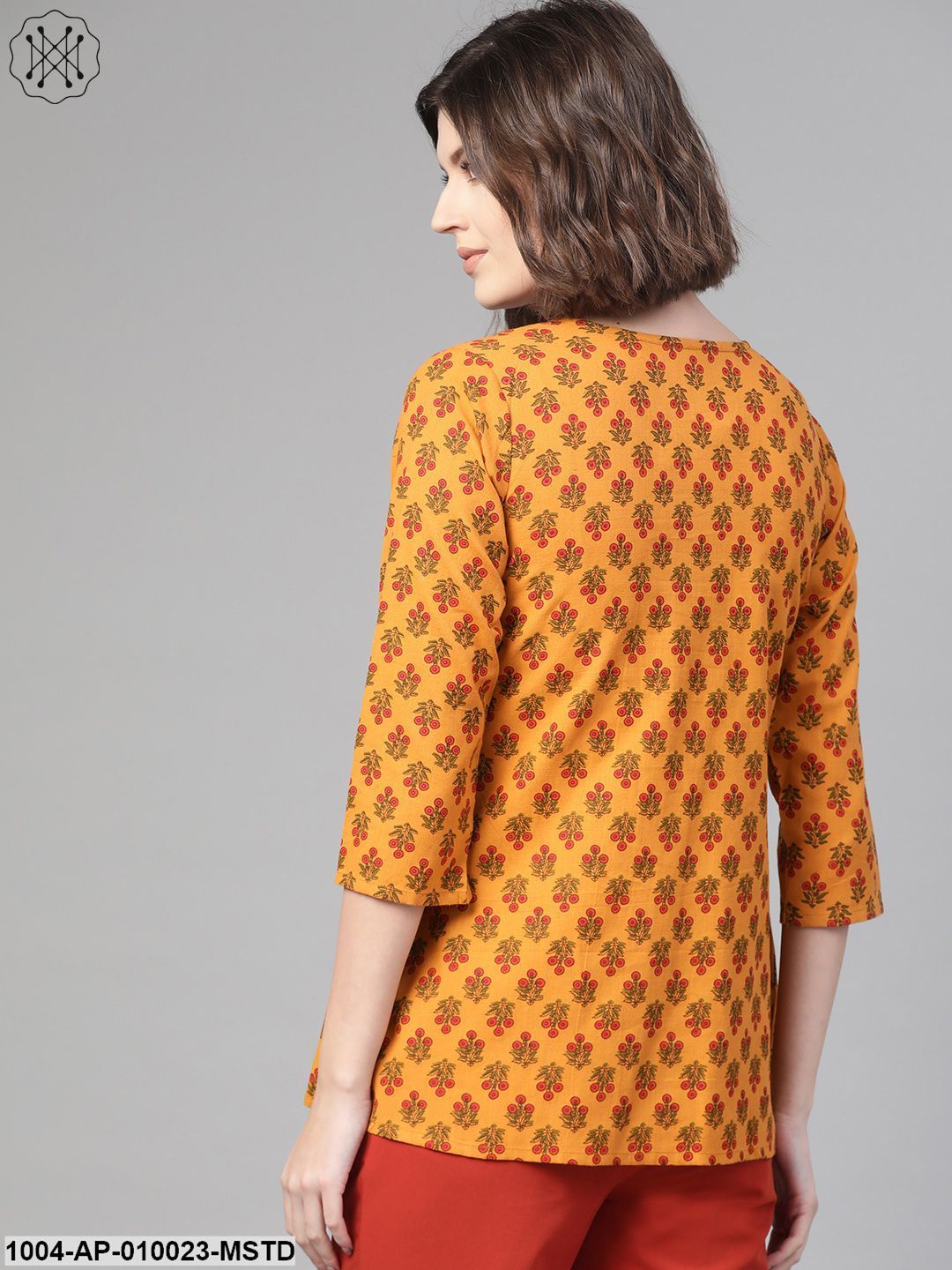 Women Mustard & Red A-Line Printed Top