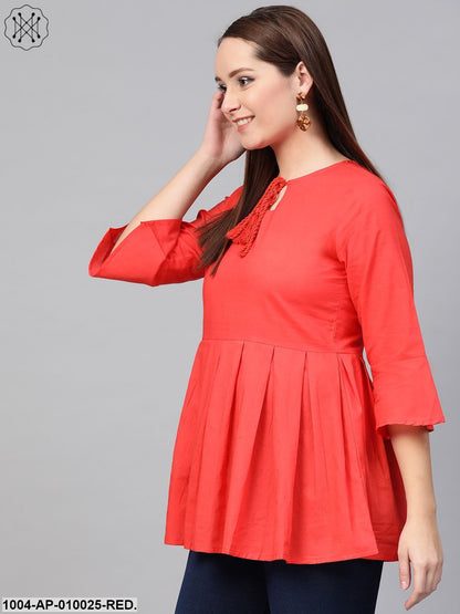 Women Red Solid Tie-Up Neck Peplum Top