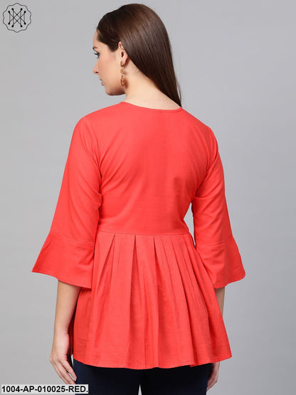 Women Red Solid Tie-Up Neck Peplum Top