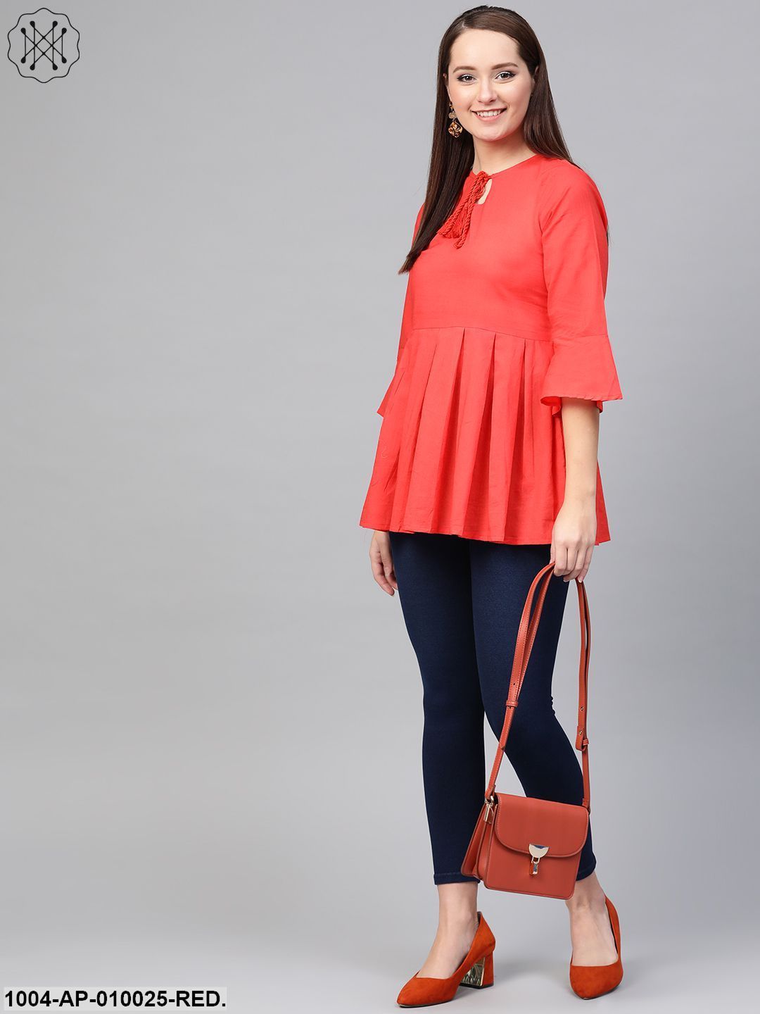 Women Red Solid Tie-Up Neck Peplum Top