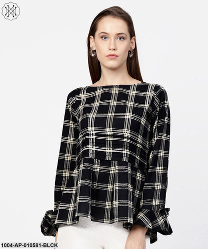 Black Check Peplum Style Tops With Flared Sleeve