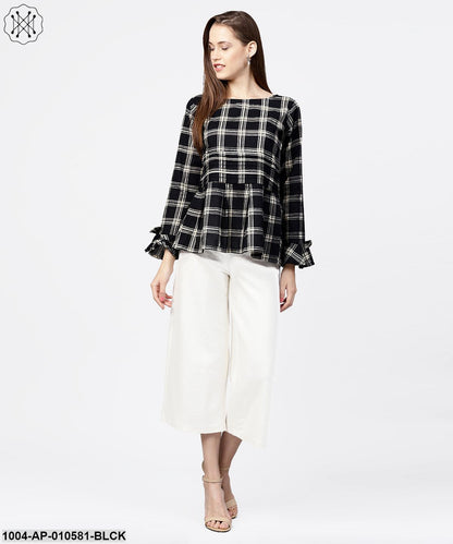 Black Check Peplum Style Tops With Flared Sleeve