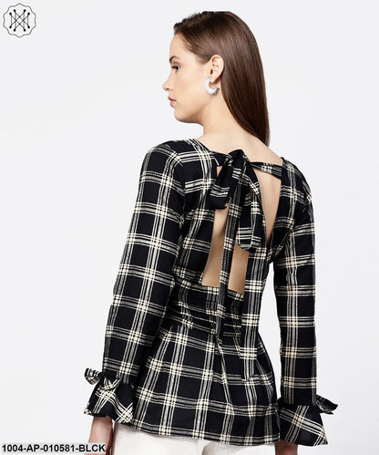 Black Check Peplum Style Tops With Flared Sleeve