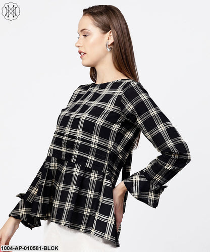 Black Check Peplum Style Tops With Flared Sleeve