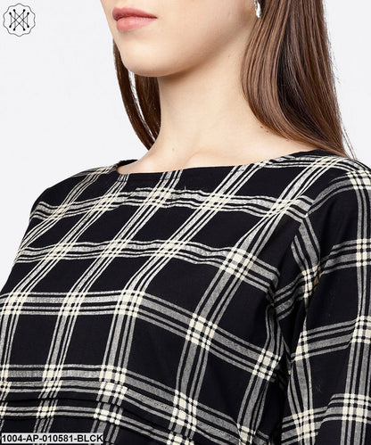 Black Check Peplum Style Tops With Flared Sleeve