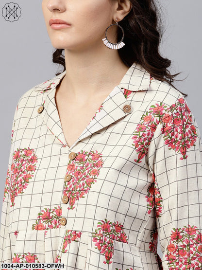 Off White Printed Top With Notched Collar And 3/4 Sleeves
