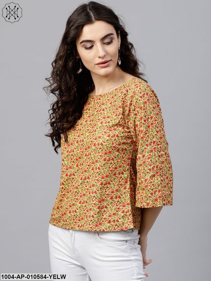 Multi Printed Top With Round Neck And 3/4 Flared Sleeves