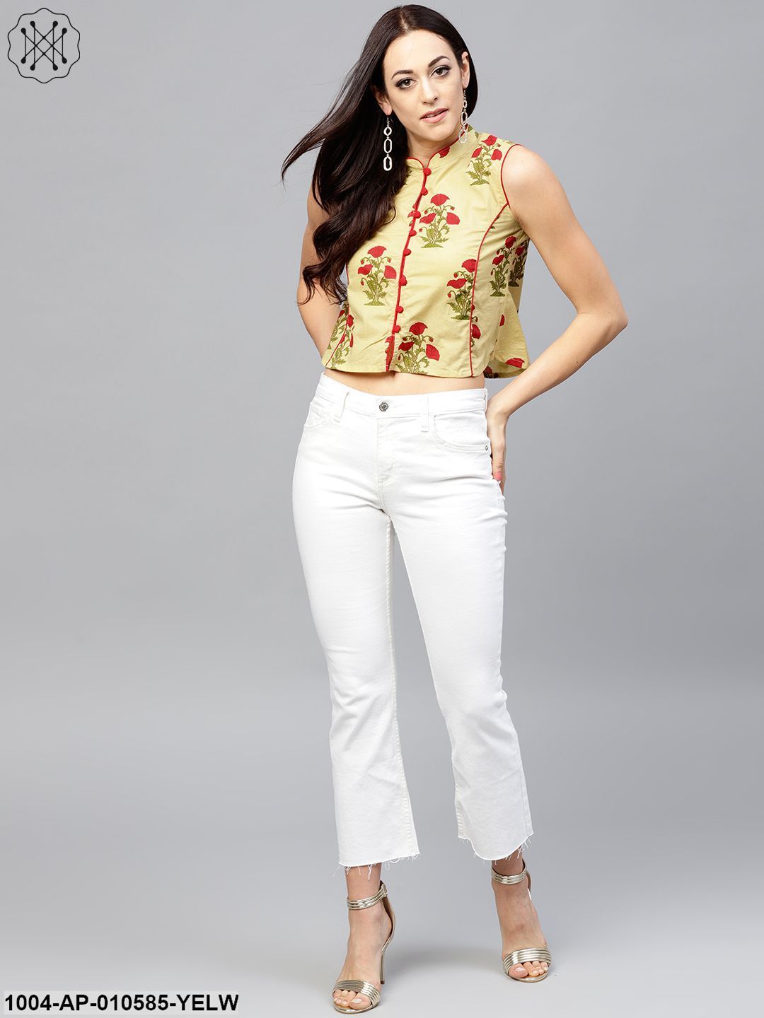 Pale Yellow Printed Top With Madarin Collar
