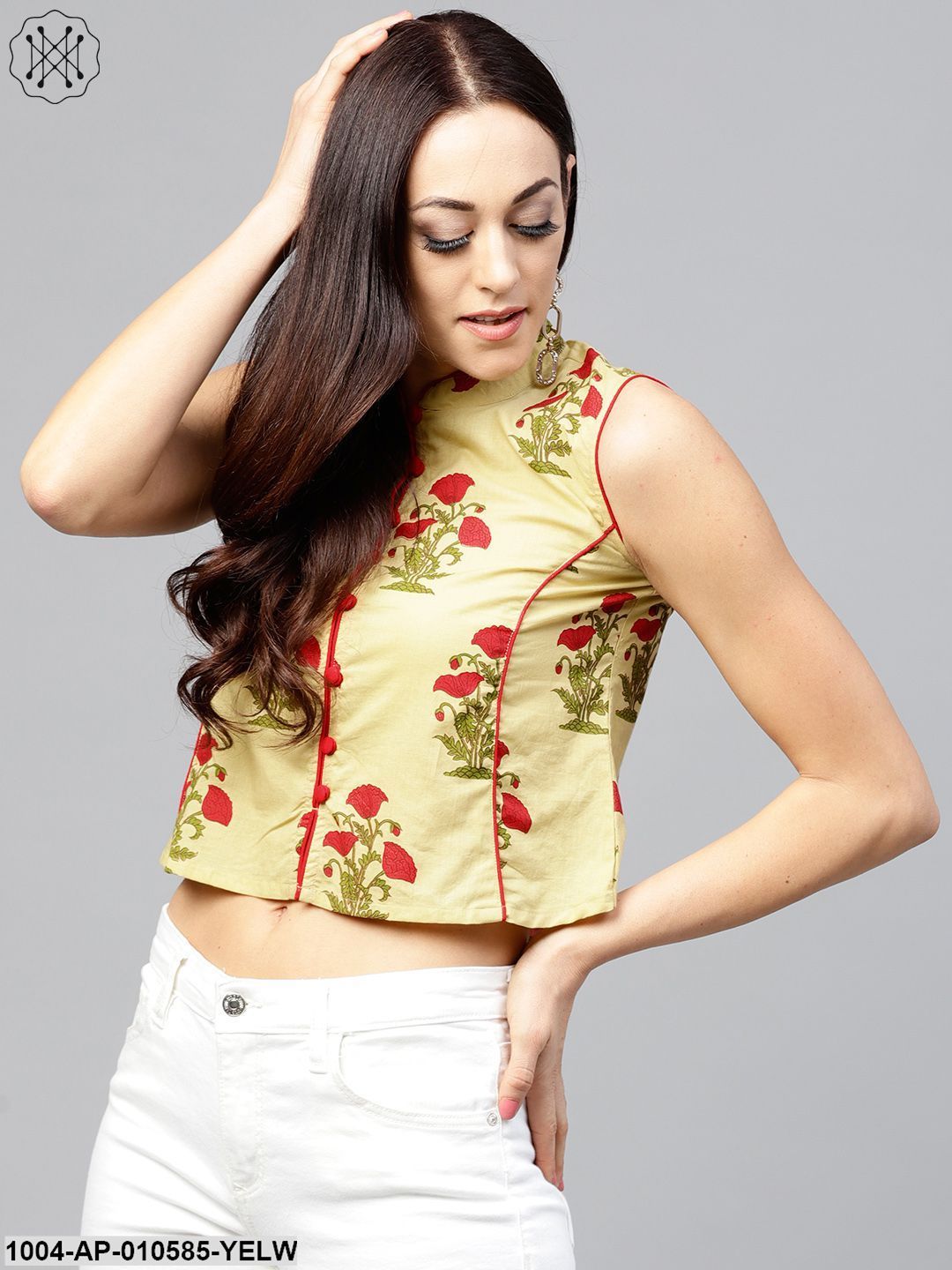 Pale Yellow Printed Top With Madarin Collar