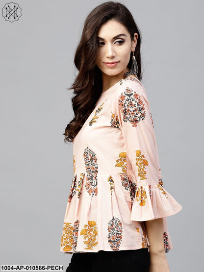 Peach Printed Top With Round Neck And 3/4 Sleeves