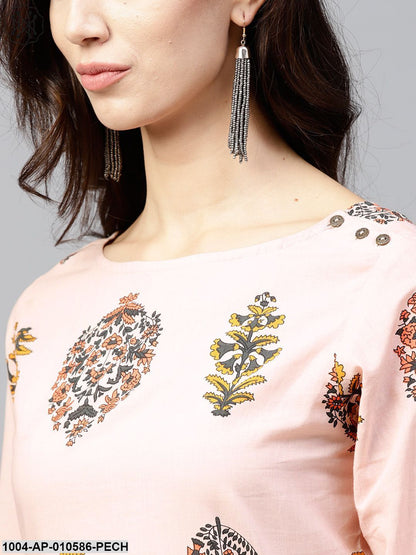 Peach Printed Top With Round Neck And 3/4 Sleeves
