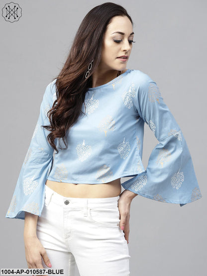 Blue Printed Crop Top With Round Neck And 3/4 Sleeves