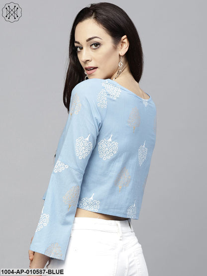 Blue Printed Crop Top With Round Neck And 3/4 Sleeves