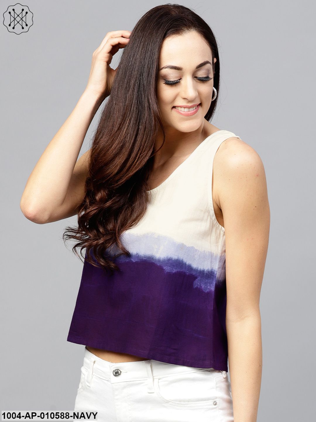 Navy Blue Sleeveless Ombre Dyed Top With Round Neck