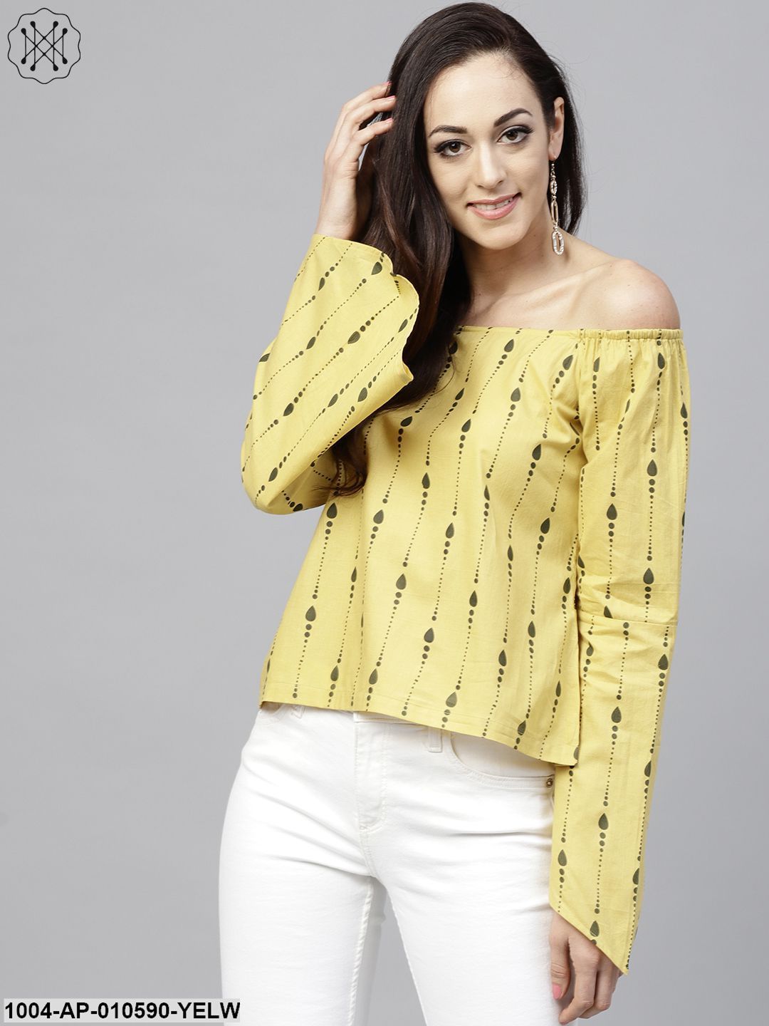Yellow Off Shoulder Full Sleeve Cotton Top