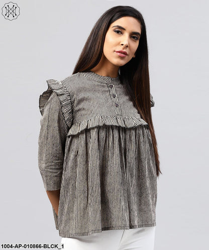 Black Striped 3/4Th Sleeve Cotton Tops