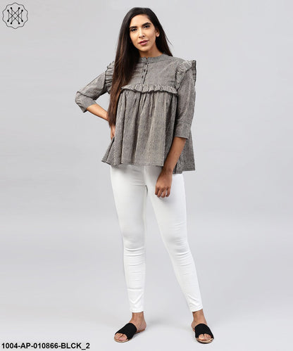 Black Striped 3/4Th Sleeve Cotton Tops